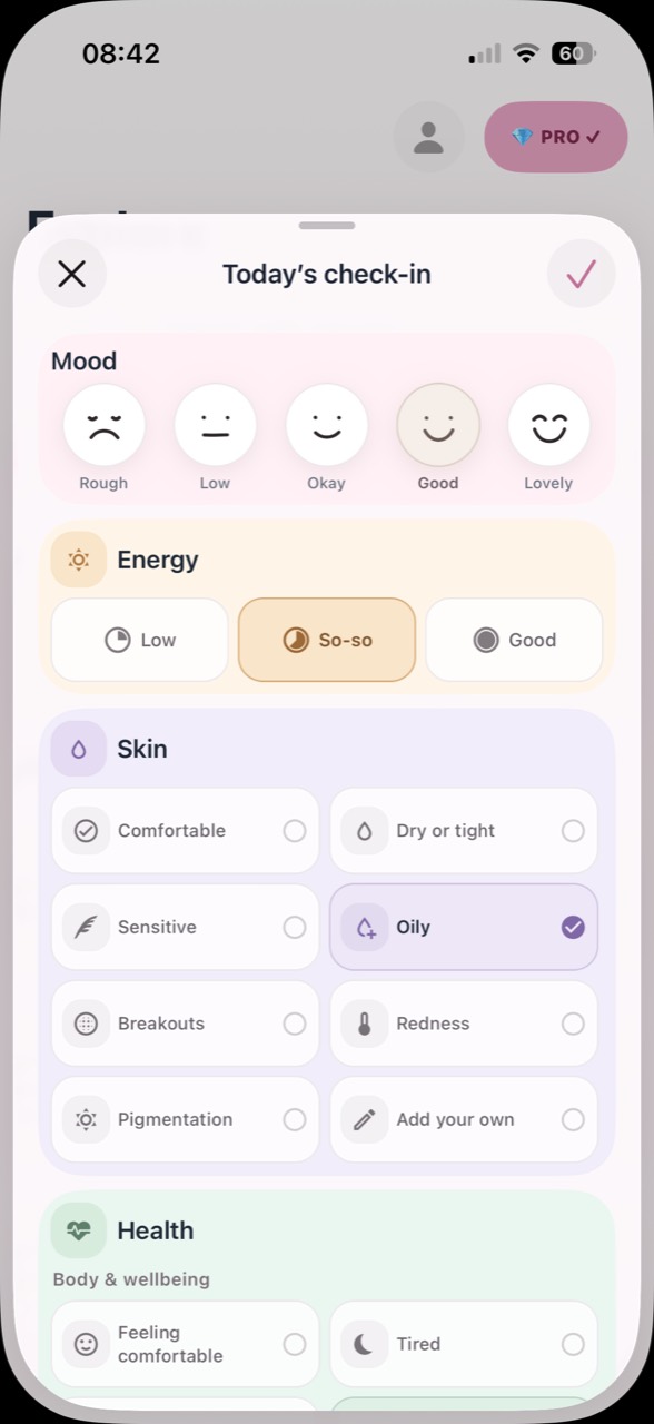 MamaSkin private daily check-in for mood, energy, skin and wellbeing