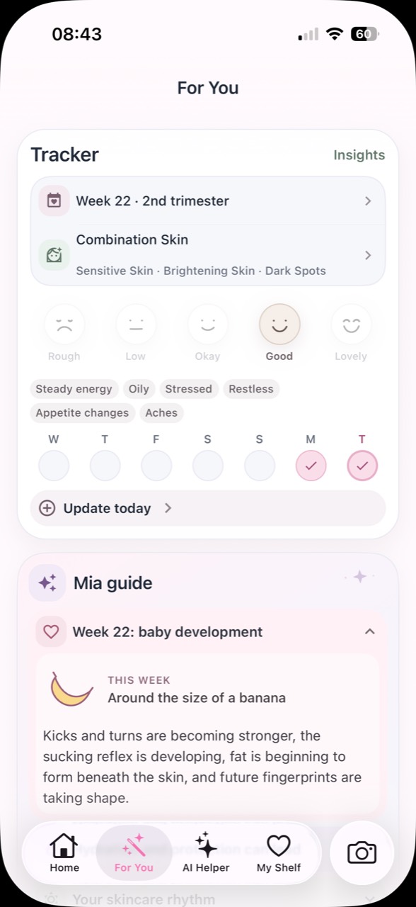 MamaSkin For You Tracker with pregnancy week, skin profile, recent check-ins and Mia stage guide