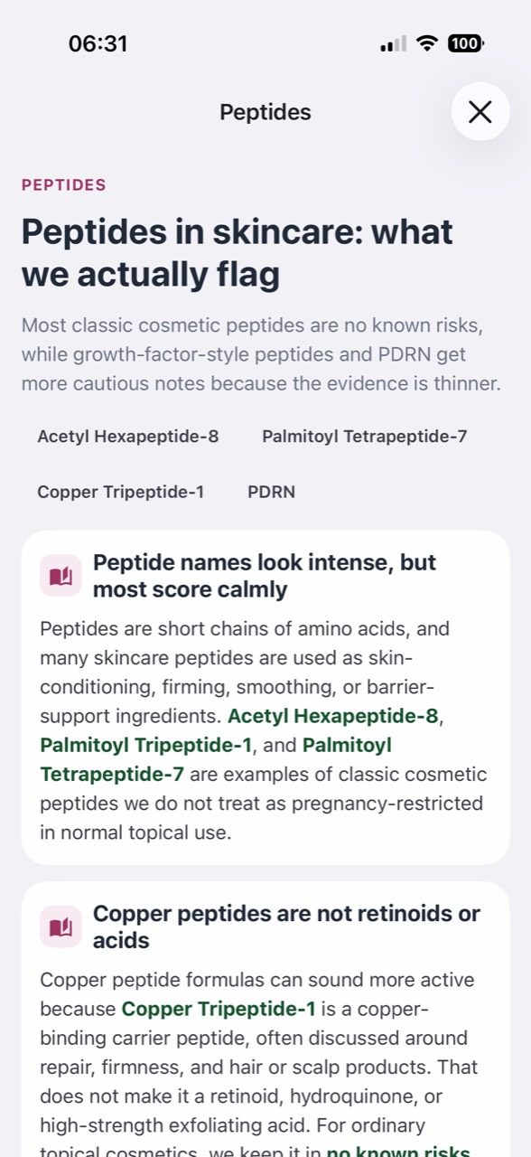 MamaSkin ingredient library explaining peptides in skincare