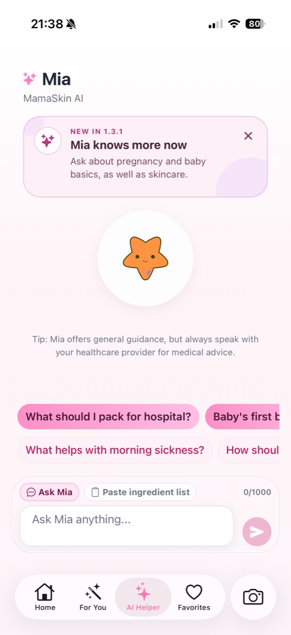 MamaSkin Mia AI helper with general pregnancy and baby questions