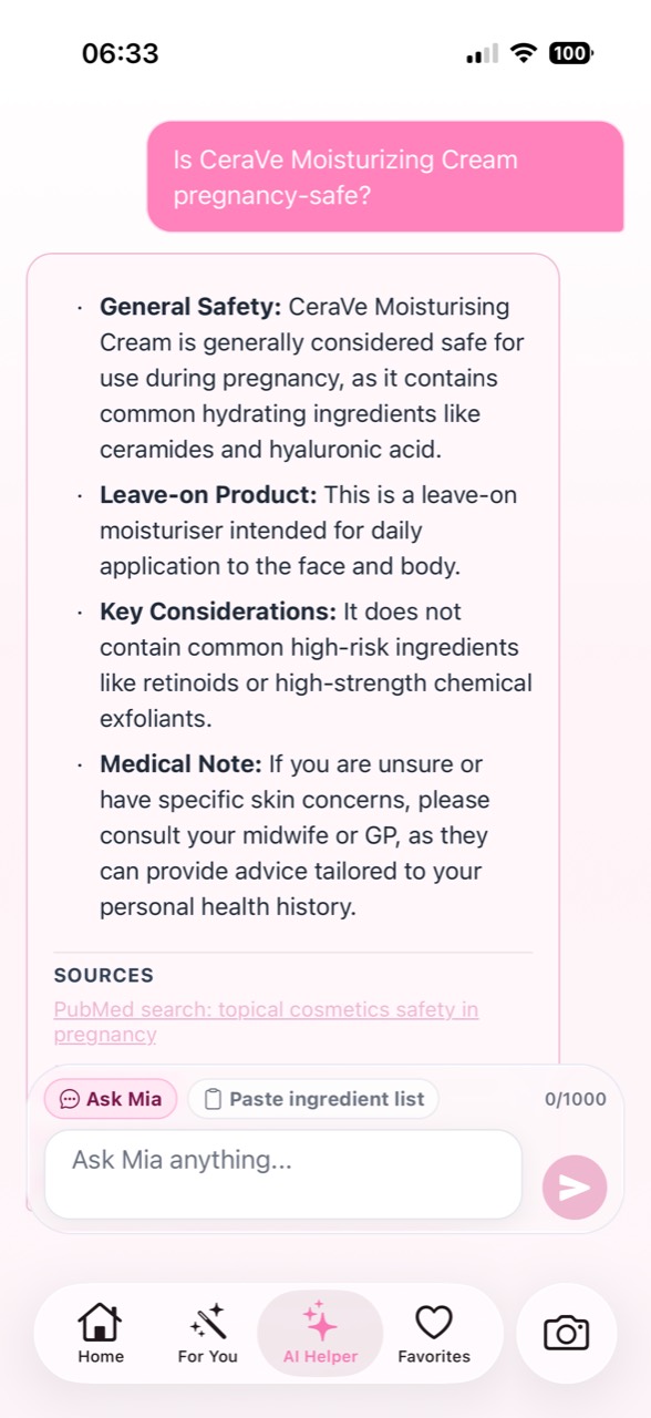 MamaSkin Mia assistant answer with a PubMed source