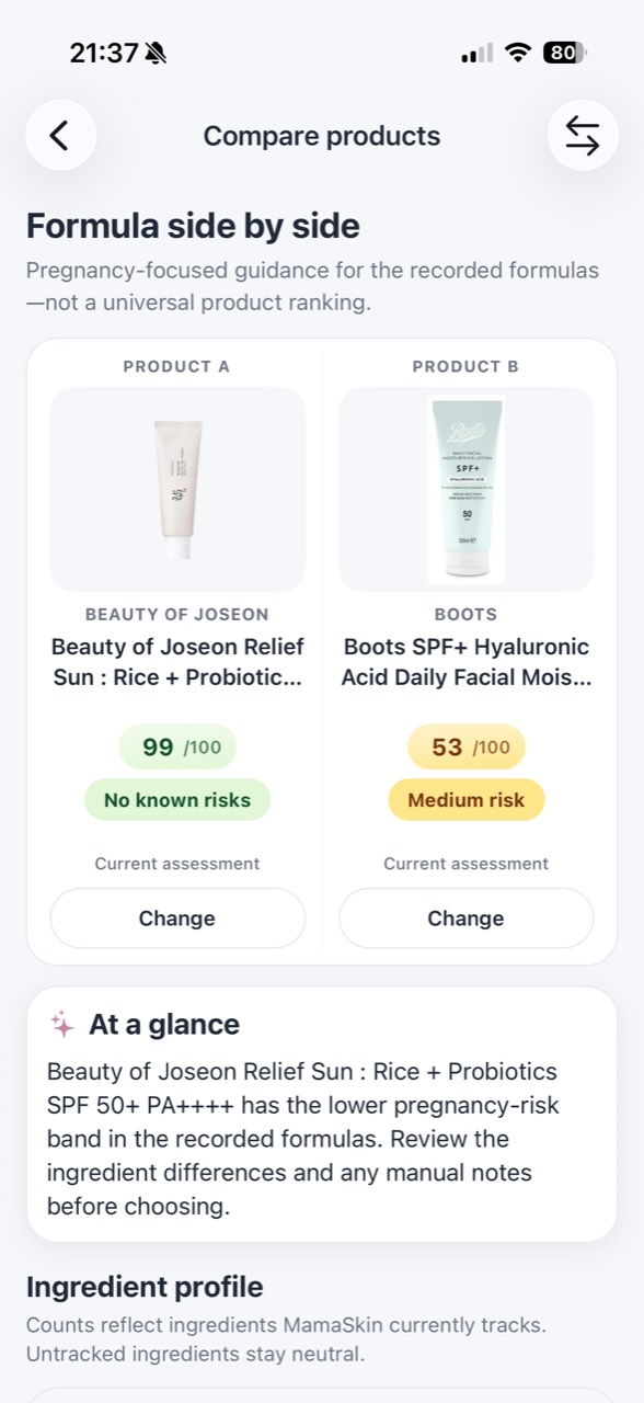 MamaSkin side-by-side product comparison with pregnancy safety scores and risk bands