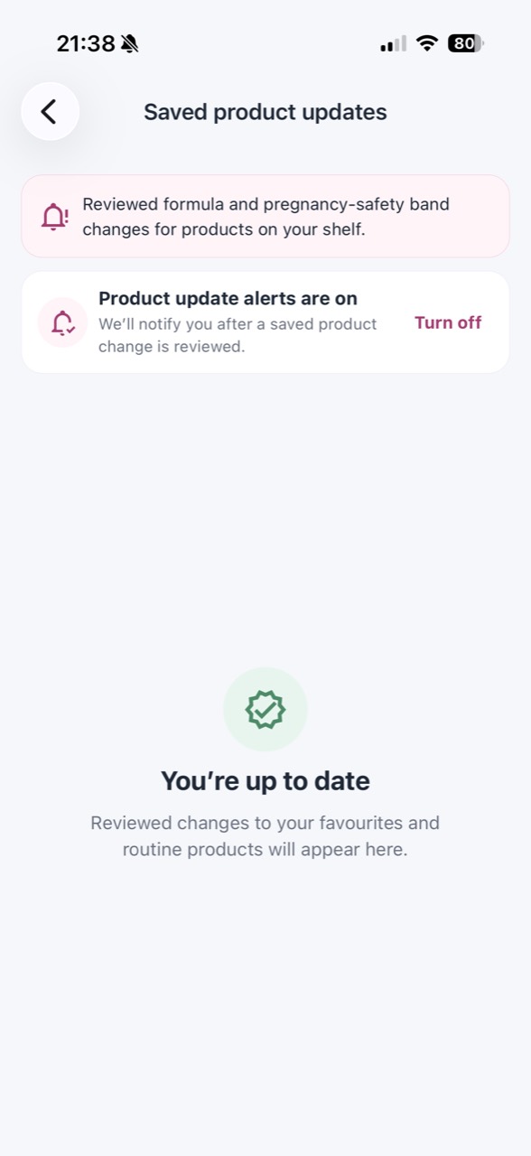 MamaSkin saved product update alerts screen